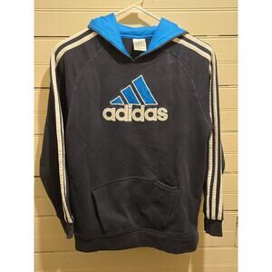 Adidas Hoodie Youth L Navy Blue Pullover Hooded Sweatshirt 3-Stripes Logo Pouch